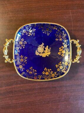 Vintage Limoges France Cobalt Blue Gold Handled Vanity Tray 6.5" - Rare Stamp